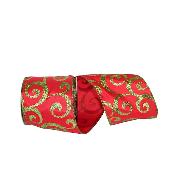 JAM Paper 4" x 10yd. Red & Green Scroll Wired Glitter Ribbon